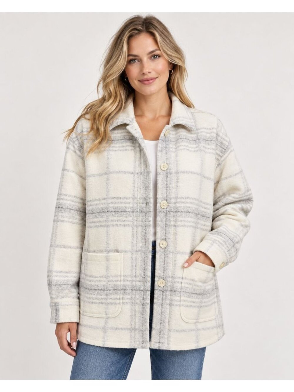 J Jill Modern Womens Plaid Shacket Cream Button Front Pockets Cozy Fall XS